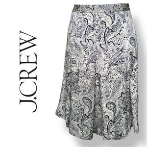 J Crew 100% Silk Navy & Ivory Paisley Pleated A-Line Midi Skirt Fully Lined Sz 6